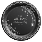 Personalized black Halloween party paper plate with white spiderwebs and hanging spiders, family name and date