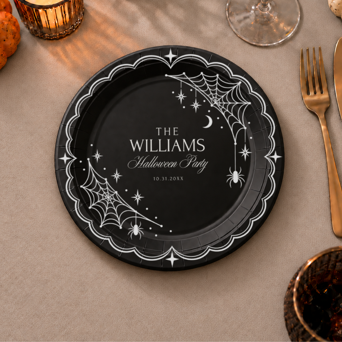 Spiderweb halloween paper plates personalized with your name, the white spiderwebs and hanging spiders on a black plate