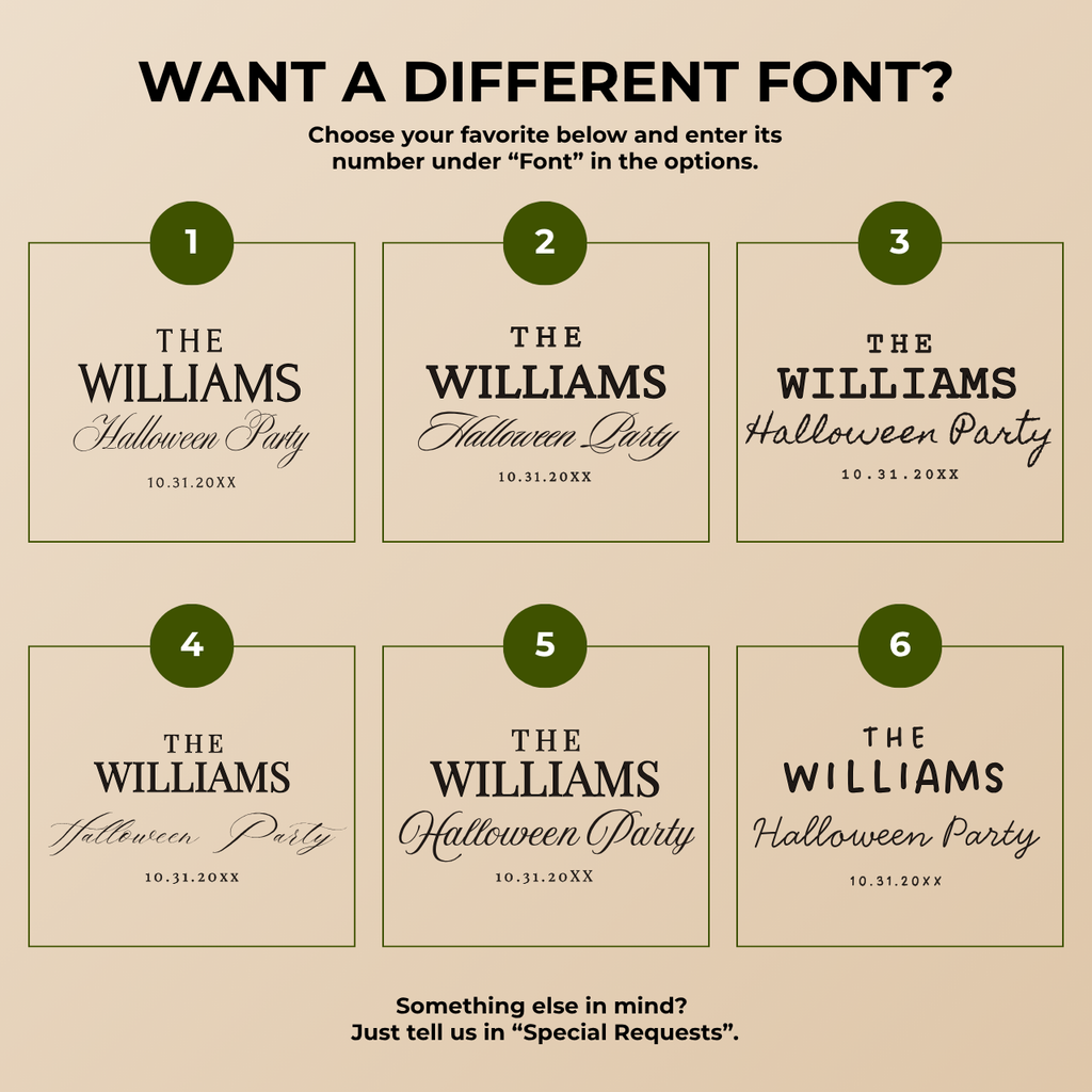 Font chart with six font options for the personalized spiderweb Halloween paper plates