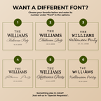 Font chart with six font options for the personalized spiderweb Halloween paper plates