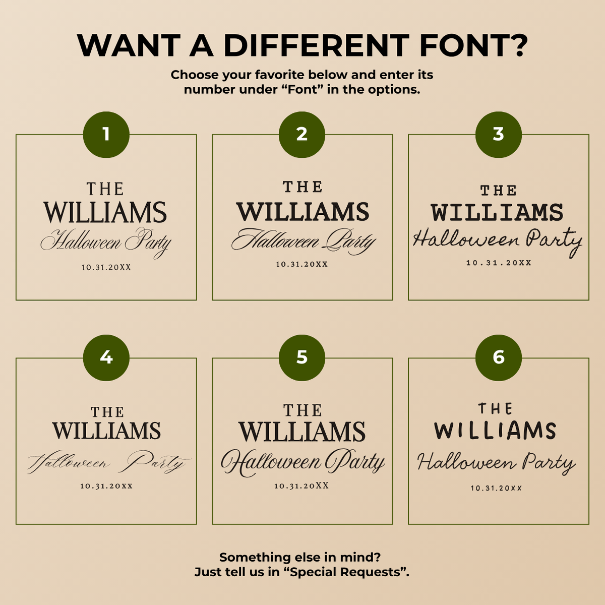 Font chart with six font options for the personalized spiderweb Halloween paper plates