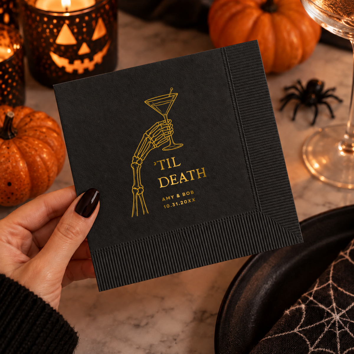 Halloween cocktail napkins personalized with your name and date, skeleton hand raising a martini above Til Death