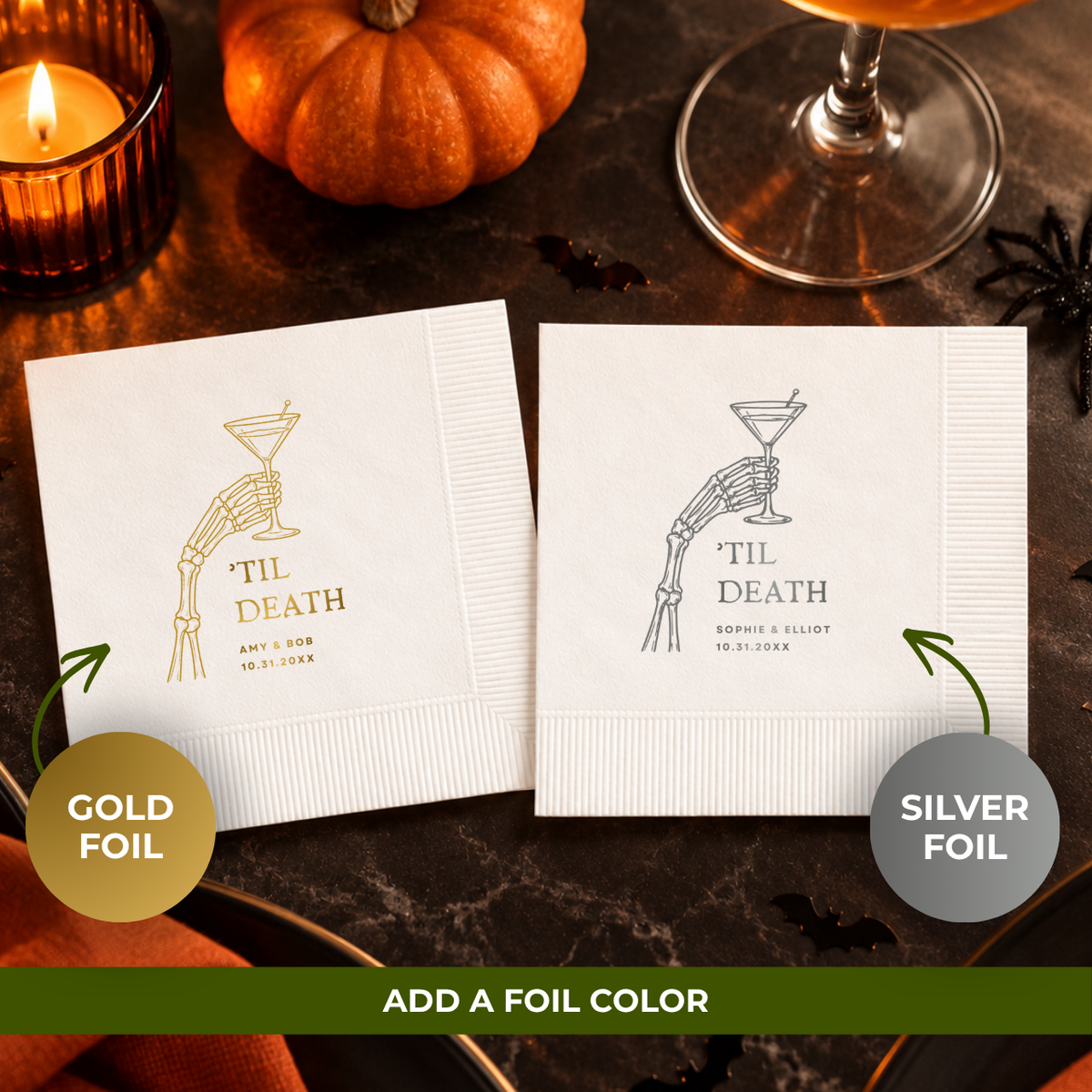 Personalized Halloween paper napkins with the skeleton hand raising a martini above Til Death