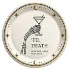 Personalized Til Death Halloween paper plate with a skeleton hand holding a martini, names and date below