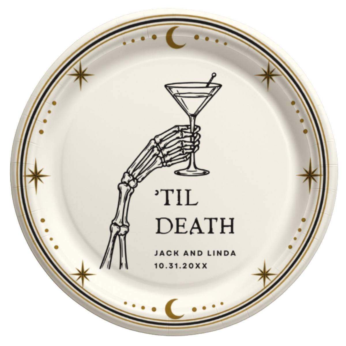 Personalized Til Death Halloween paper plate with a skeleton hand holding a martini, names and date below