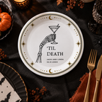 Skeleton halloween paper plates personalized with your name, the skeleton hand raising a martini above Til Death