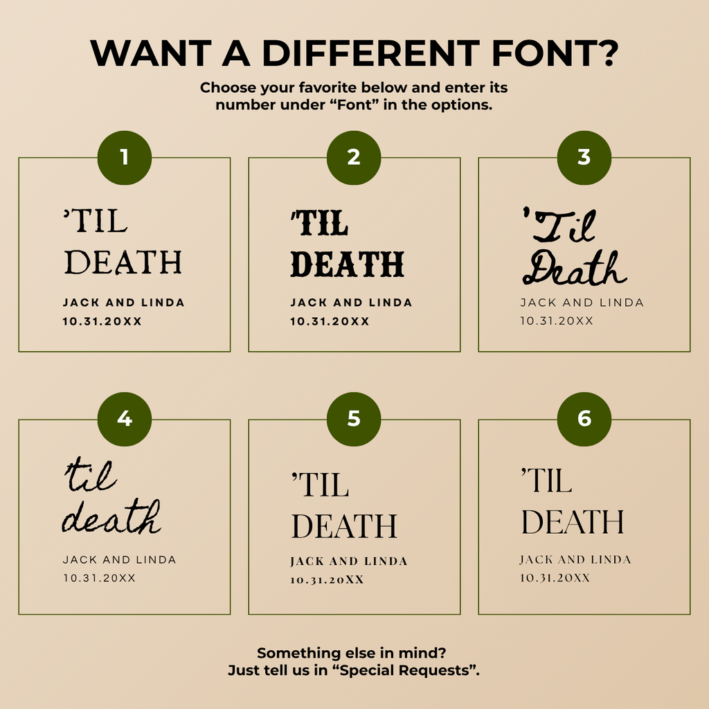 Font chart with six font options for the personalized Til Death skeleton Halloween paper plates