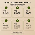 Font chart with six font options for the personalized Til Death skeleton Halloween paper plates