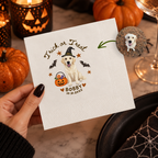 Custom cat halloween napkins for a Halloween party, tabby cat in a witch hat with a candy pumpkin pail