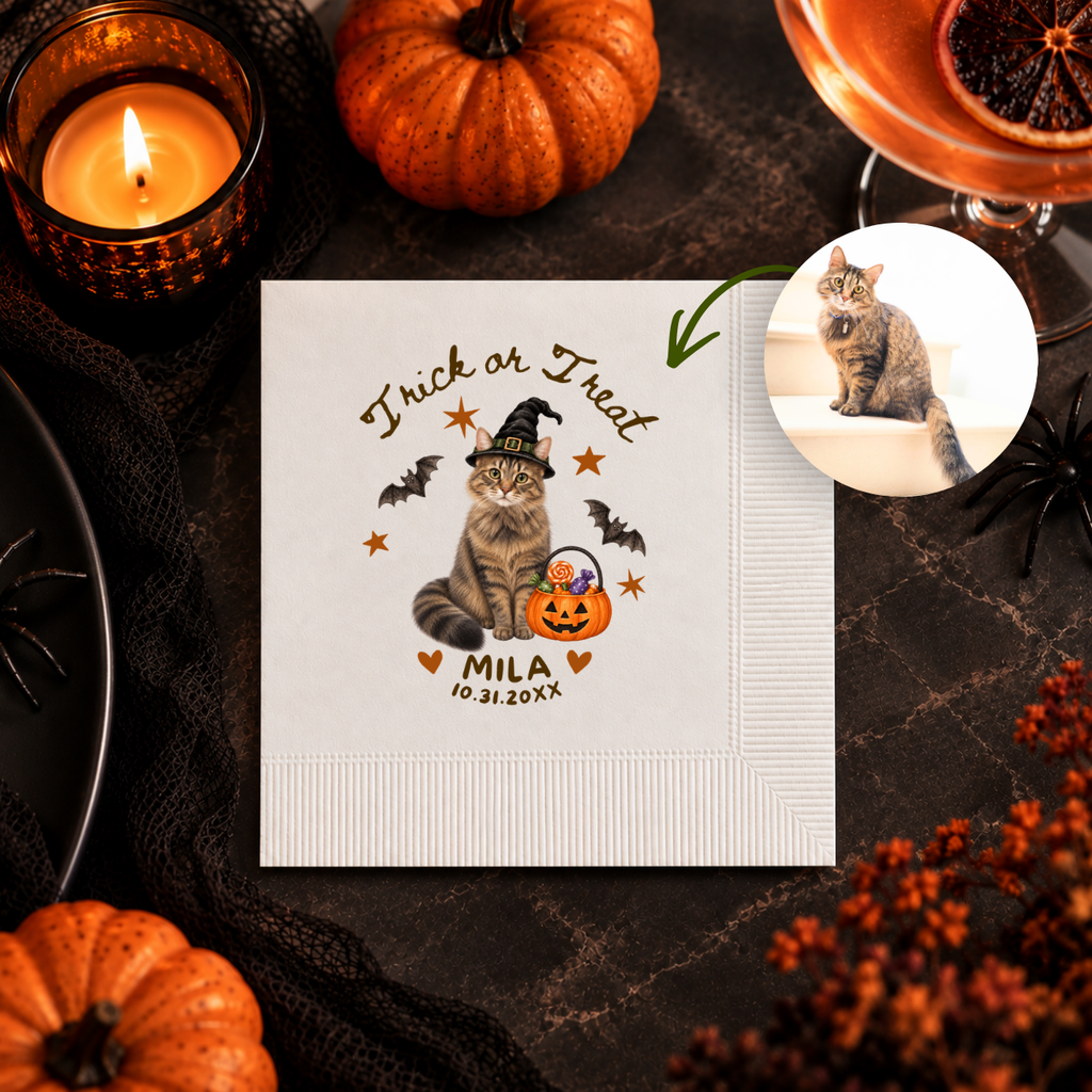 Custom cat halloween napkins printed in the USA, Trick or Treat cat design