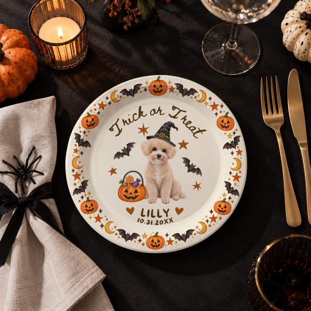 Dog halloween paper plates personalized with your name, the dog in a witch hat with a candy pumpkin pail