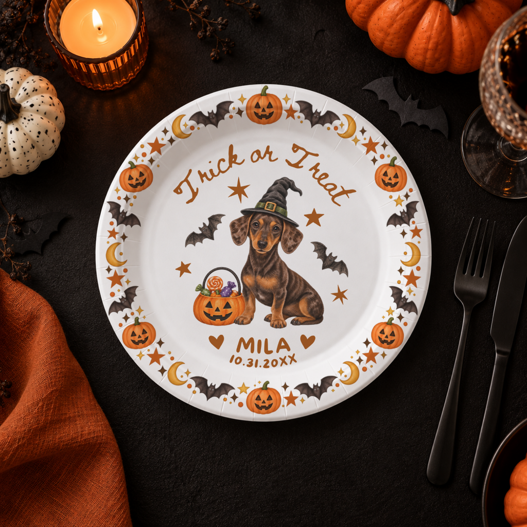 Custom dog halloween paper plates for a Halloween party, dog in a witch hat with a candy pumpkin pail