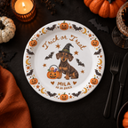 Custom dog halloween paper plates for a Halloween party, dog in a witch hat with a candy pumpkin pail