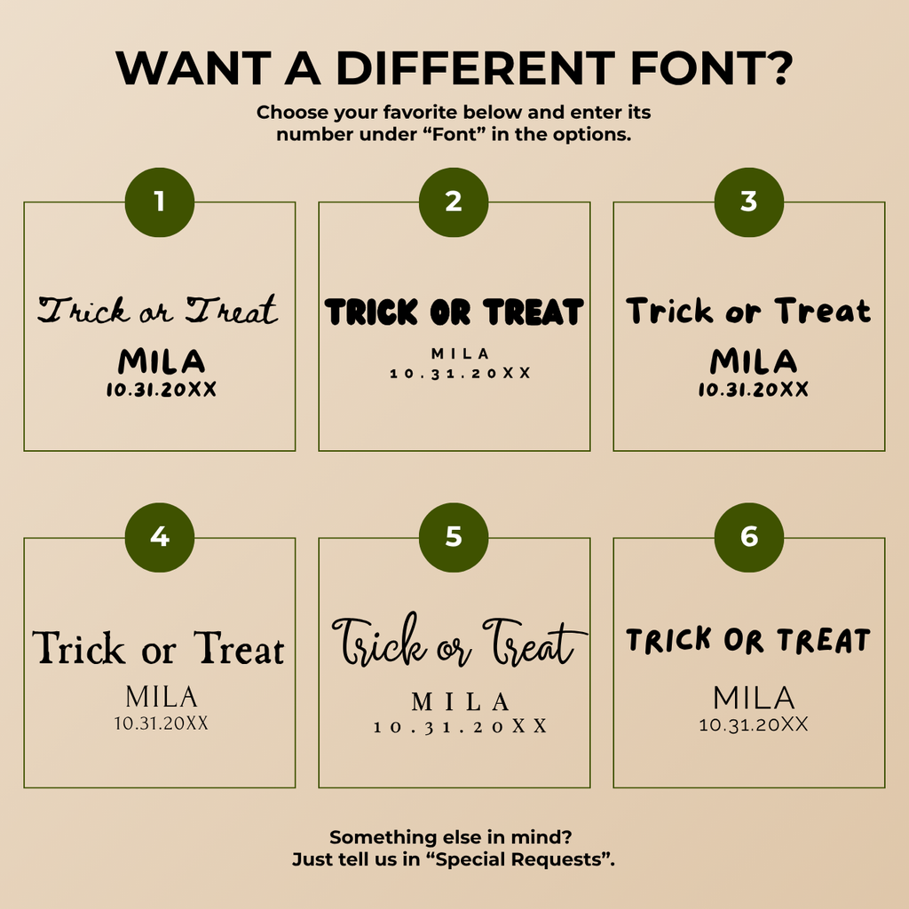 Font chart with six font options for the personalized trick or treat dog Halloween paper plates