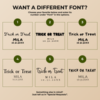 Font chart with six font options for the personalized trick or treat dog Halloween paper plates