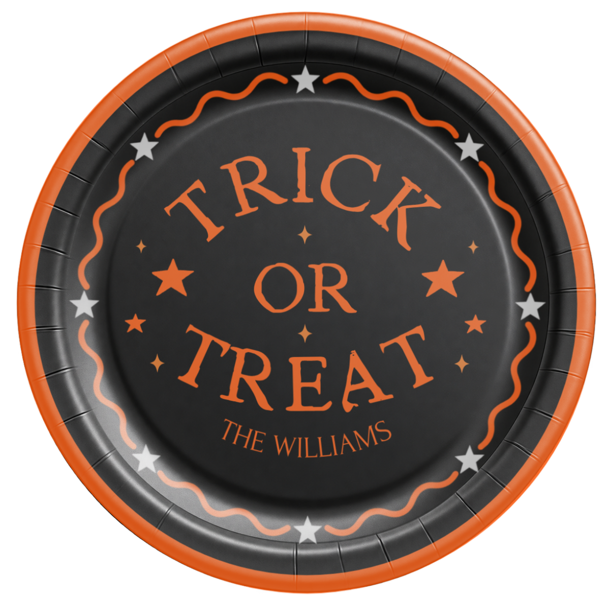 Personalized black Trick or Treat Halloween paper plate with orange lettering and a star ring, family name below