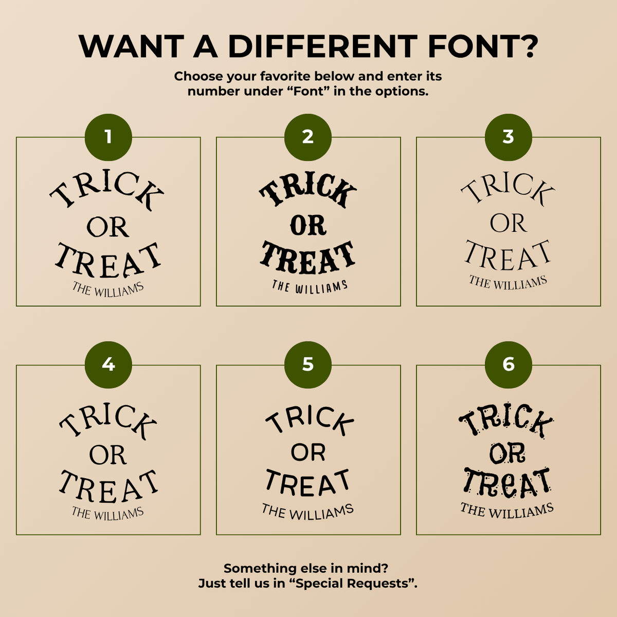 Font chart with six font options for the personalized Trick or Treat Halloween paper plates