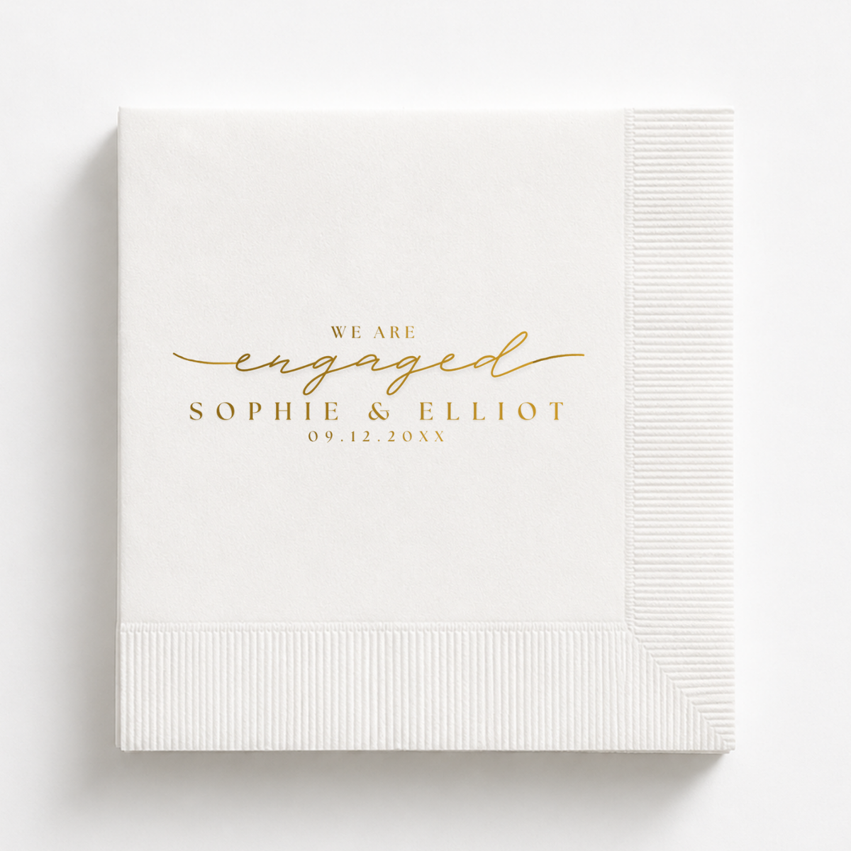 We Are Engaged Script personalized engagement napkin with names and date