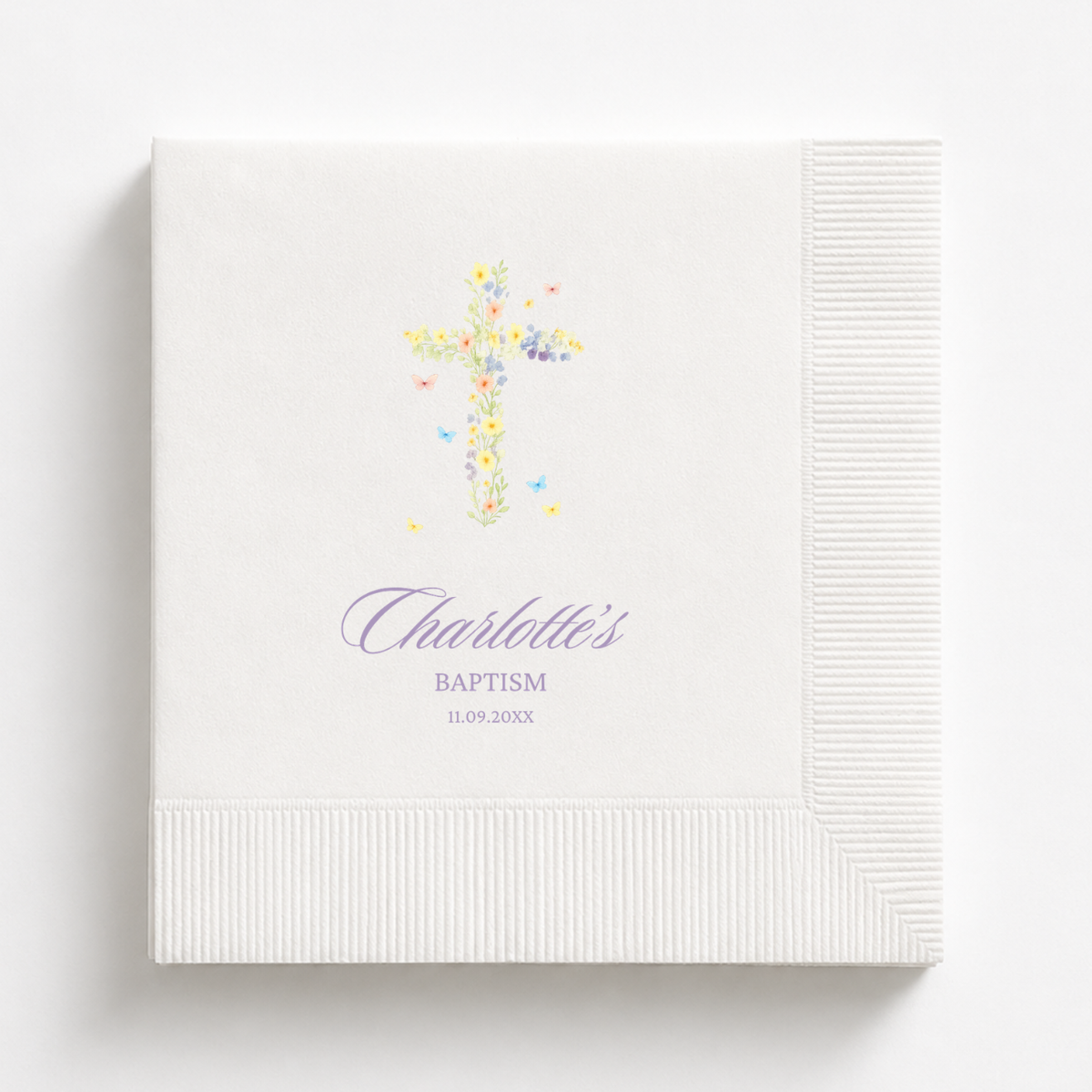 Wildflower Cross & Butterflies baptism napkin with a name and date