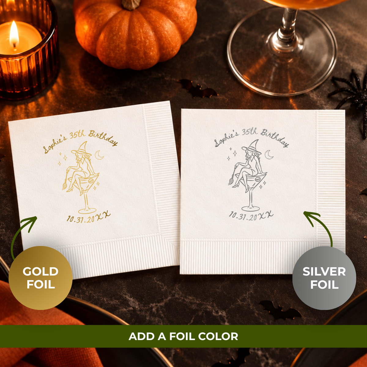 Personalized Halloween paper napkins with the witch sitting in a martini glass holding a broom