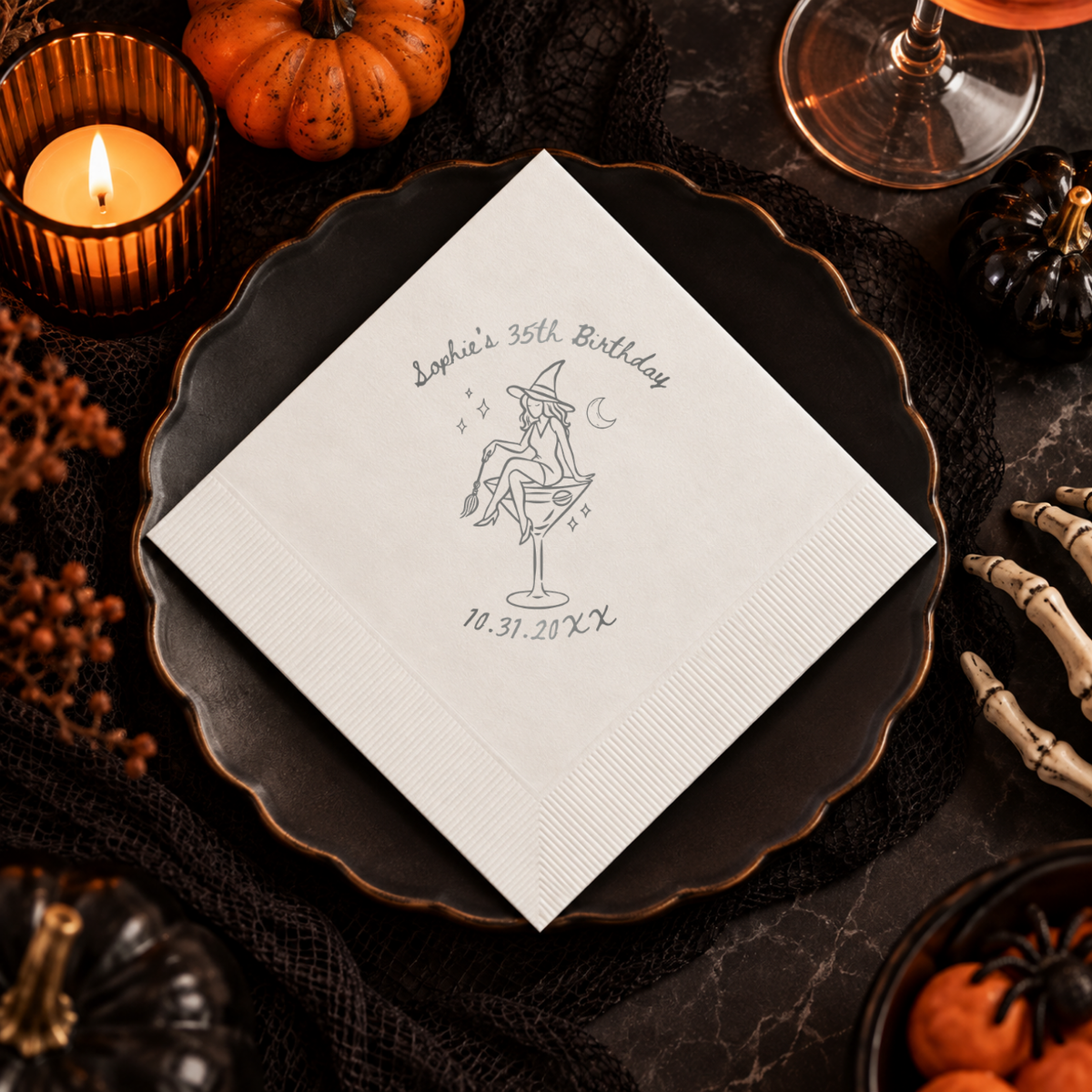 Personalized Halloween birthday napkins with the witch martini birthday design, in cocktail, luncheon and guest towel sizes