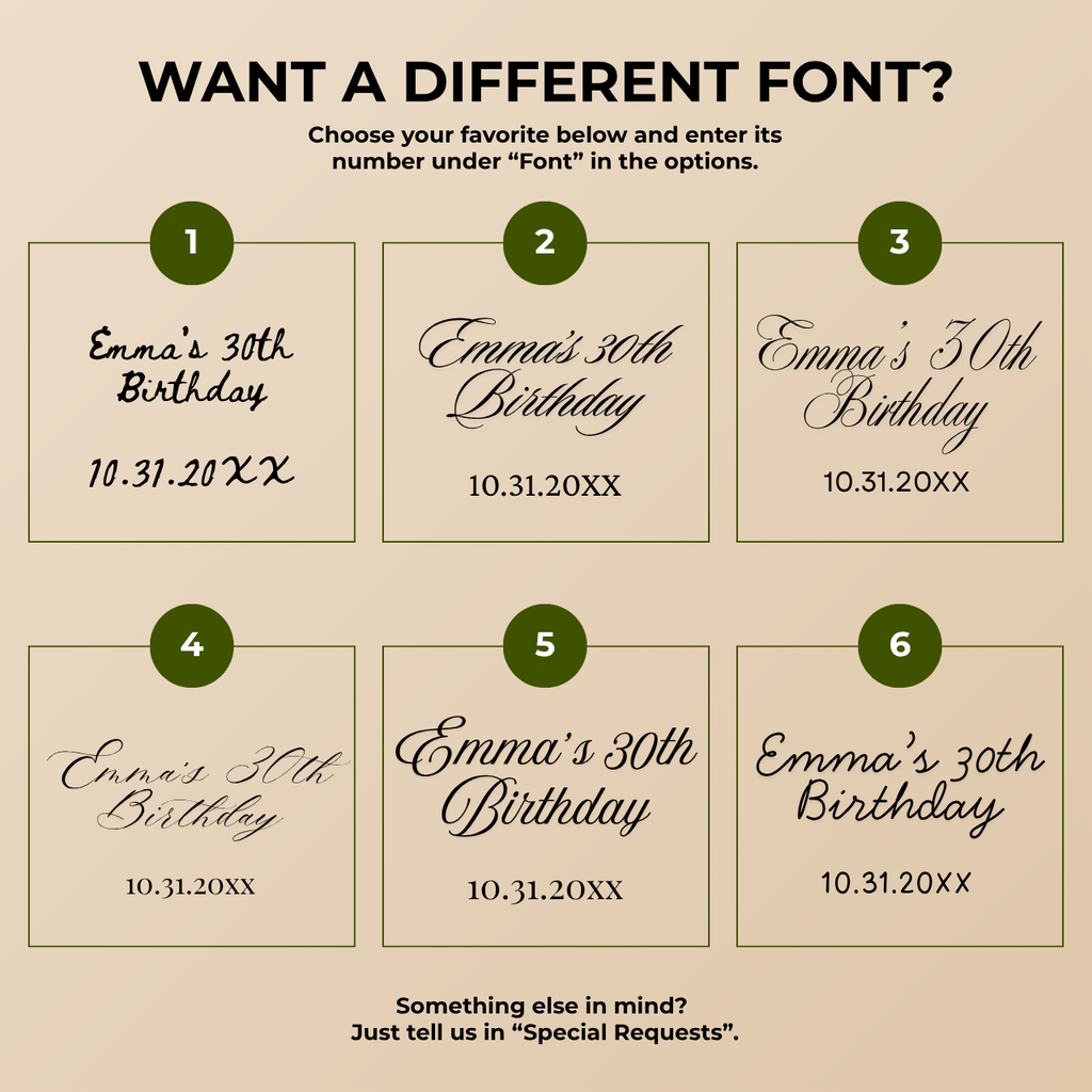 Font chart with the font options for the personalized witch martini birthday napkins