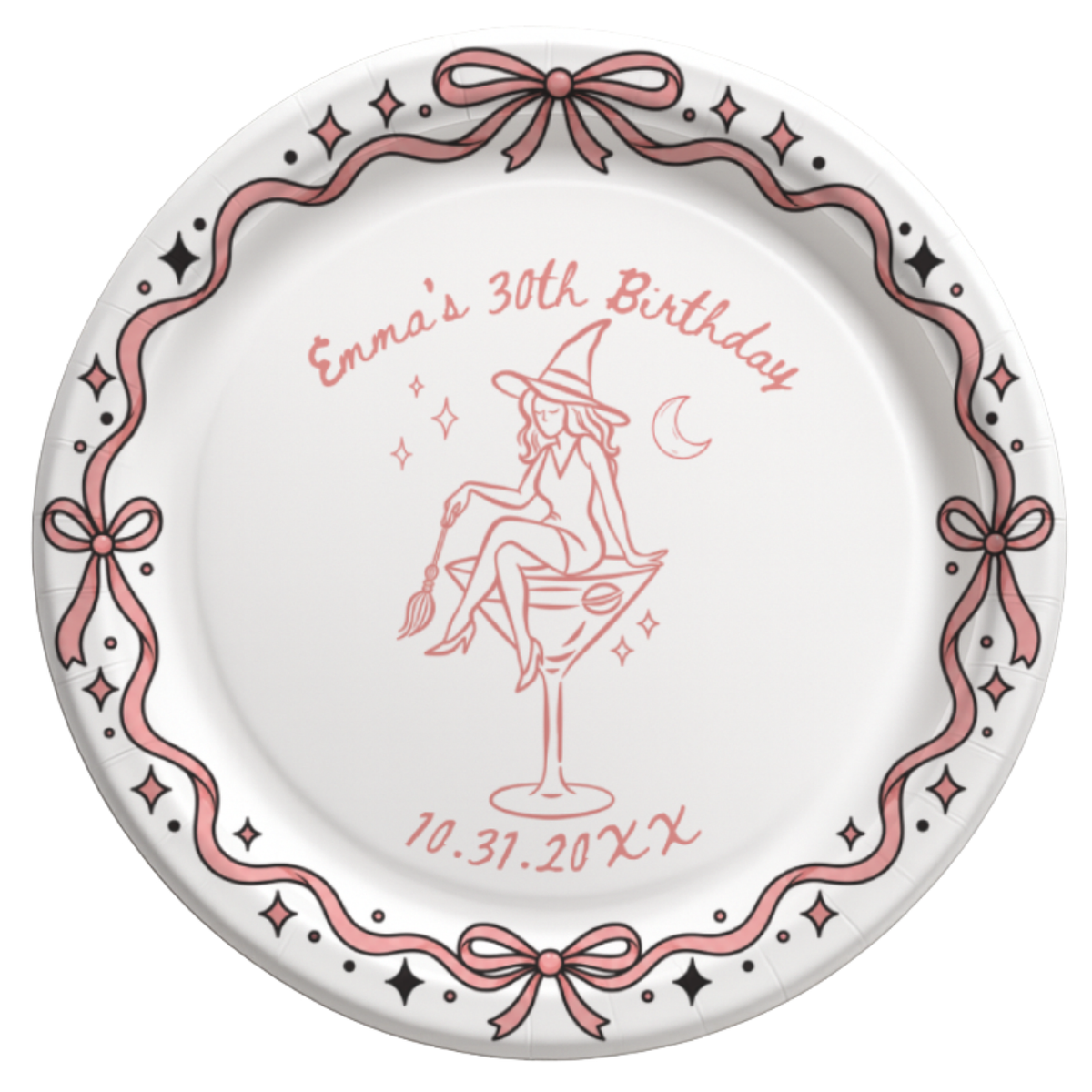 Personalized pink 30th birthday paper plate with a witch on a martini glass inside a ribbon and bow border, date below