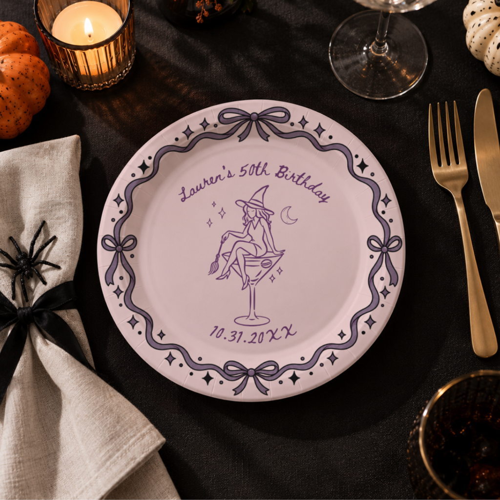 Witch birthday paper plates personalized with your name, the witch on a martini glass inside a pink ribbon and bow border