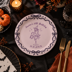 Close-up of the witch on a martini glass inside a pink ribbon and bow border on personalized witch birthday paper plates
