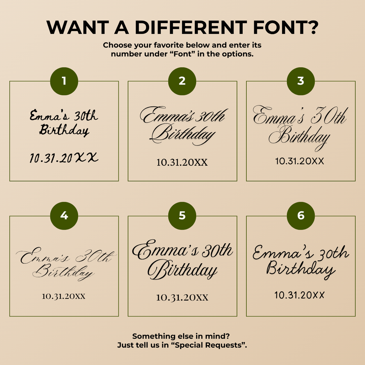 Font chart with six font options for the personalized witch martini birthday Halloween paper plates