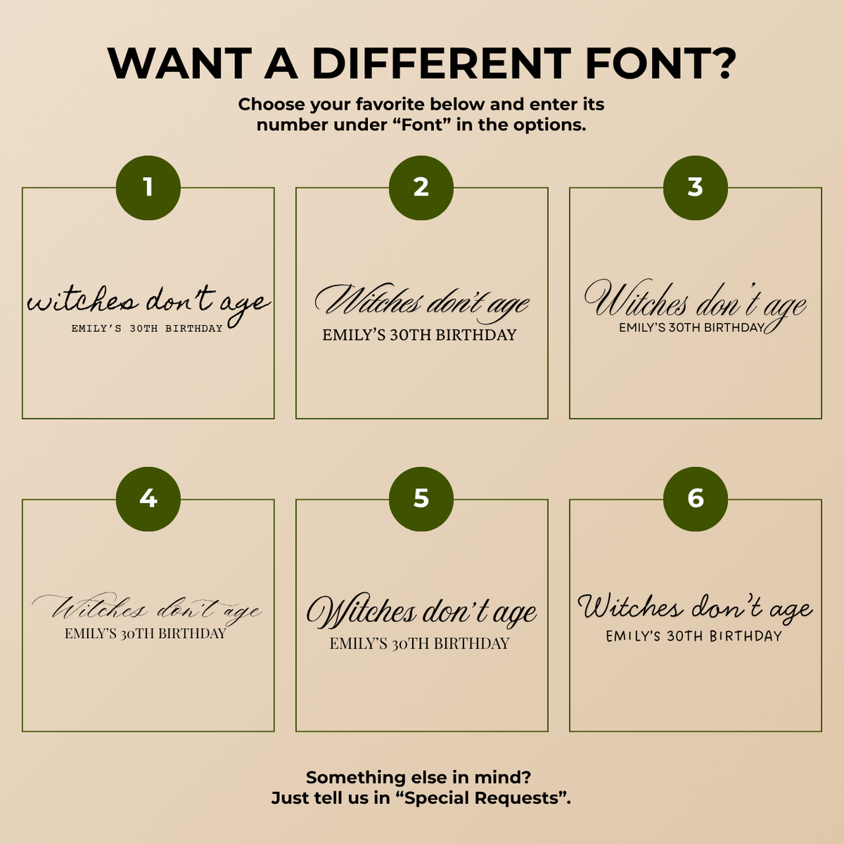 Font chart with six font options for the personalized Witches Dont Age Halloween paper plates