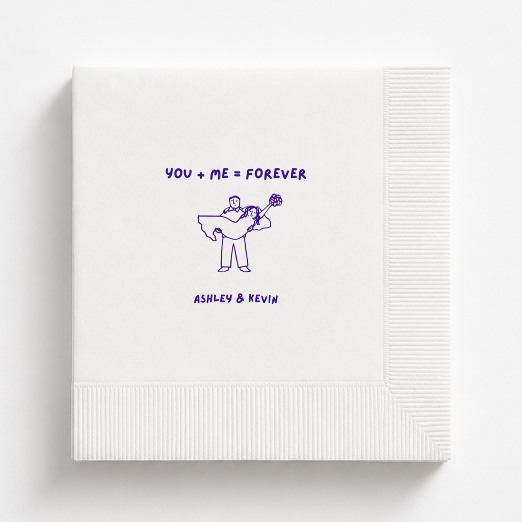 You + Me = Forever wedding napkin with the couple's names