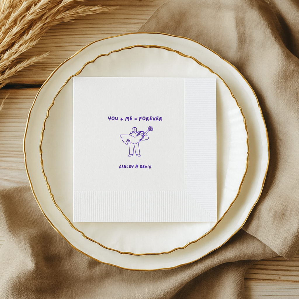 You + Me = Forever napkin design for a wedding